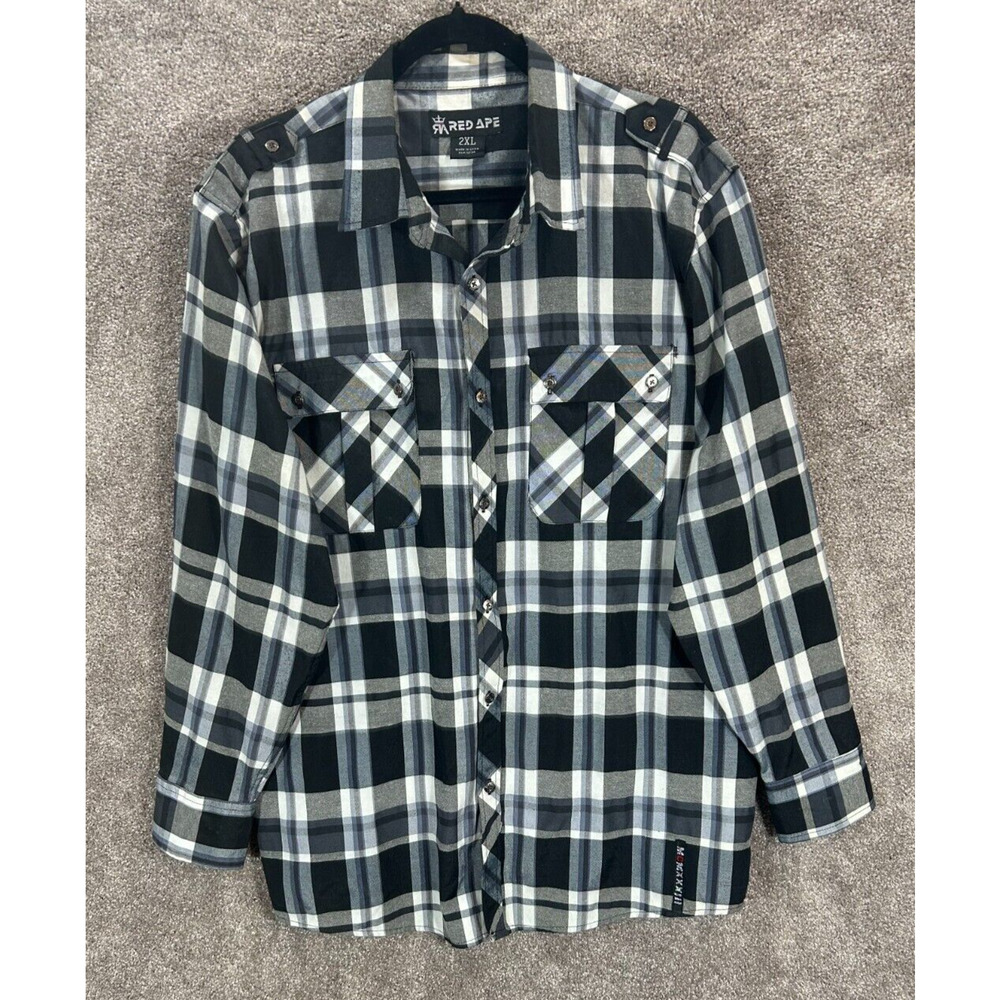 Red Ape Shirt Mens 2XL Black Gray Plaid Button Up Long Sleeve Pockets Collared
